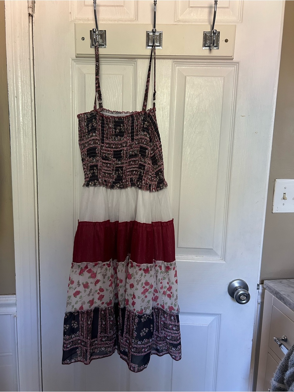 Source Unknown Red, Navy and White Tiered Midi Sundress